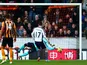 Graham Dorrans of West Brom has his penlaty kick saved by goalkeeper Allan McGregor of Hull City during the Barclays Premier League match on December 6, 2014