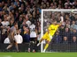 Tottenham Hotspur's Micky van de Ven scores an own goal past Fraser Forster and Fulham's first on August 29, 2023
