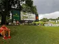 A view of a leader board announcing that play has been suspended during the third round of the Tour Championship golf tournament at East Lake Golf Club on August 24, 2019