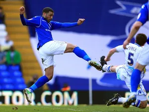 Birmingham midfielder Hayden Mullins scores against Leeds on April 20, 2013