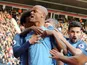 Vincent Kompany celebrates scoring during the Premier League game between Southampton and Manchester City on April 15, 2017`