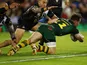 Australia's Cameron Murray scores a try on November 11, 2022
