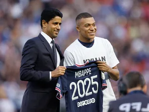 Paris Saint-Germain president Nasser Al-Khelaifi pictured with Kylian Mbappe on May 21, 2022