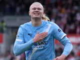 Manchester City's Erling Haaland celebrates on October 5, 2025