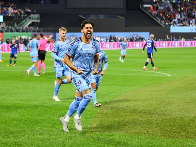  New York City FC defender Thiago Martins celebrates a goal on November 2, 2024