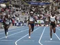 Great Britain's Dina Asher-Smith, Jamaica's Elaine Thompson-Herah, Jamaica's Shericka Jackson, and Switzerland's Ajla Del Ponte in action during the women's 100m on August 28, 2021