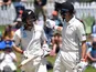 New Zealand's Mitchell Santner and BJ Watling walk off at lunch on November 24, 2019