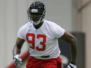 Malliciah Goodman #93 of the Atlanta Falcons during rookie camp on May 4, 2013