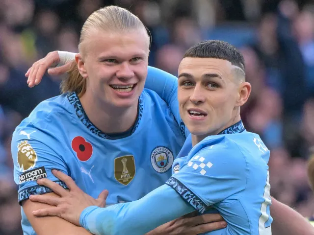 Erling Haaland celebrates scoring for Manchester City on October 26, 2024