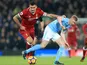 Dejan Lovren and Kevin De Bruyne in action during the Premier League game between Liverpool and Manchester City on January 14, 2018