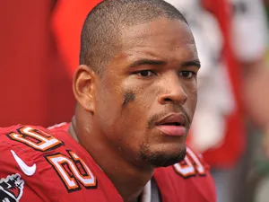 William Gholston #92 of the Tampa Bay Buccaneers watches play against the Atlanta Falcons on November 17, 2013