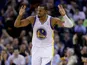Andre Iguodala #9 of the Golden State Warriors reacts after he made a three-point basket against the Oklahoma City Thunder at ORACLE Arena on November 14, 2013