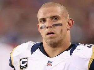 Middle linebacker James Laurinaitis of the St. Louis Rams stands on the sidelines during the NFL game against the Arizona Cardinals on November 25, 2012
