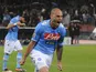 Napoli's Paolo Cannavaro celebrates after scoring against Novara on April 21, 2012