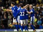 Everton's players congratulate Steven Naismith following his goal against Norwich on November 24, 2012