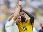 Sebastian Beccacece (L) and Gonzalo Plata celebrate Ecuador's win on June 25, 2026