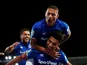 Everton's Mason Holgate celebrates scoring their first goal with Richarlison on October 29, 2019