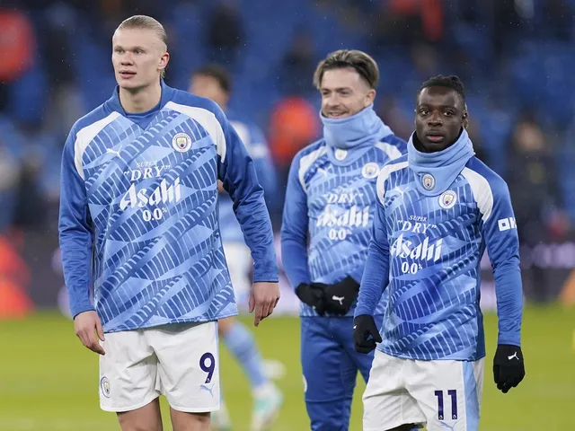Manchester City's Erling Haaland, Jack Grealish and Jeremy Doku on December 03, 2023