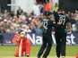 England's Ian Bell sinks to his knees after being caught out off the bowling of New Zealand's Mitchell McClenaghan during the third ODI on June 5, 2013