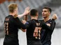Manchester City's Ferran Torres celebrates with teammates after scoring against Marseille in the Champions League on October 27, 2020