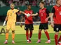 Alexander Schlager and David Alaba and Philipp Lienhart is in action against Tunisia