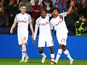 Red Bull Salzburg's Karim Adeyemi celebrates scoring with teammates Mohamed Camara and Luka Sucic on October 20, 2021