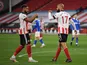 Sheffield United's David McGoldrick celebrates scoring their first goal against Brighton & Hove Albion in the Premier League on April 24, 2021