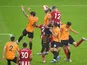 Sheffield United's John Egan scores against Wolverhampton Wanderers in the Premier League on July 8, 2020