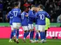 Leicester City's Youri Tielemans celebrates scoring their first goal with teammates on January 8, 2022