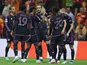 Bayern Munich's Jamal Musiala celebrates scoring their third goal with Harry Kane, Kingsley Coman and teammates on October 24, 2023