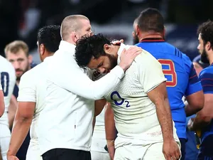 England Forwards Coach Graham Rowntree consoles Billy Vunipola ofEngland at the end of the RBS Six Nations match between England and France at Twickenham Stadium on March 21, 2015 