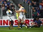 Christian Wade of Wasps (L) celebrates scoring a try with Joe Launchbury during the European Rugby Champions Cup match between Leinster Rugby and Wasps at the RDS Arena on November 15, 2015