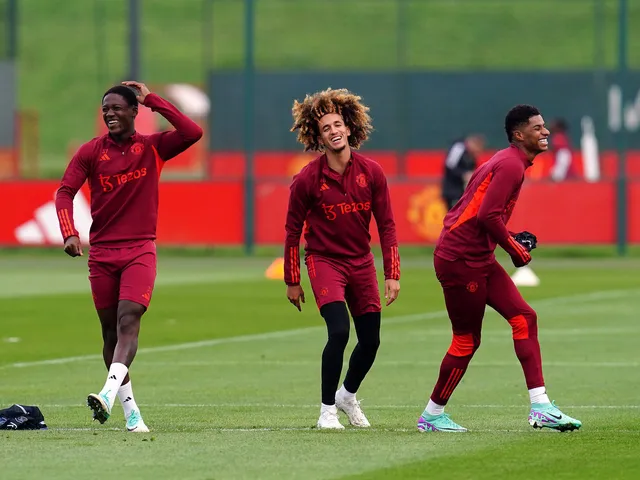 Manchester United Kobbie Mainoo, Hannibal Mejbri and Marcus Rashford (left-right) during a training session at the Trafford Training Centre on August 17, 2024