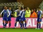 Wigan Athletic players celebrate after scoring against Blackburn Rovers on November 28, 2018