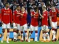 Manchester United players celebrate Casemiro's goal against Newcastle United on February 26, 2023
