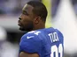 Justin Tuck of the New York Giants stands on the sideline during the NFL match with the Dallas Cowboys on October 28, 2012