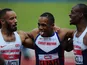 Jason Elington, CJ Ujah and James Dasaolu celebrate after the men's 100m final at the British Championships on June 25, 2016