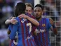 arcelona's Frenkie de Jong celebrates scoring their second goal with Ousmane Dembele, Pierre-Emerick Aubameyang and teammates on February 20, 2022