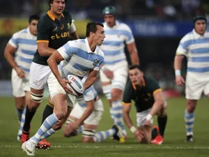 Argentina's full-back Juan Imhoff clears the ball during the Rugby Championship Test match between South Africa and Argentina at Kings Park stadium in JDurban on August 8, 2015