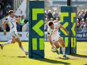 Exeter's Luke Arscott scores a try against Bath in their LV= Cup Semi Final match on March 9, 2014