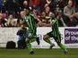 Lyle Taylor of AFC Wimbledon celebrates with teammate Callum Kennedy after scoring a goal in the first period of extra time to give his team a 3-2 aggregate lead during the League Two playoffs second leg against Accrington Stanley on May 18, 2016
