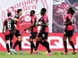 Hertha Berlin players celebrate scoring against RB Leipzig on May 27, 2020