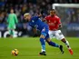 Riyad Mahrez and Ashley Young during the Premier League match between Leicester City and Manchester United on December 23, 2017