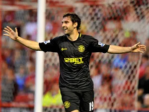 Wigan Athletic player Mauro Boselli celebrates scoring his sides opening goal in their match with Nottingham Forest on August 28, 2012