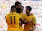 Mile Jedinak celebrates equalising from the spot during the World Cup group game between France and Australia on June 16, 2018