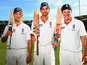 Centurions Andrew Strauss, Alastair Cook, Jonathan Trott pose with their bats at The Gabba on November 29, 2010.