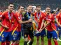 Spain's Mikel Merino, Mikel Oyarzabal, Alex Remiro, Robin Le Normand and Martin Zubimendi celebrate on July 14, 2024