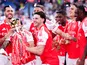 Arsenal's Declan Rice lifts the Premier League trophy on May 24, 2026