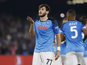 Khvicha Kvaratskhelia celebrates scoring for Napoli on October 12, 2022