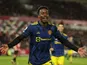 Manchester United's Anthony Elanga celebrates scoring their first goal on January 19, 2022